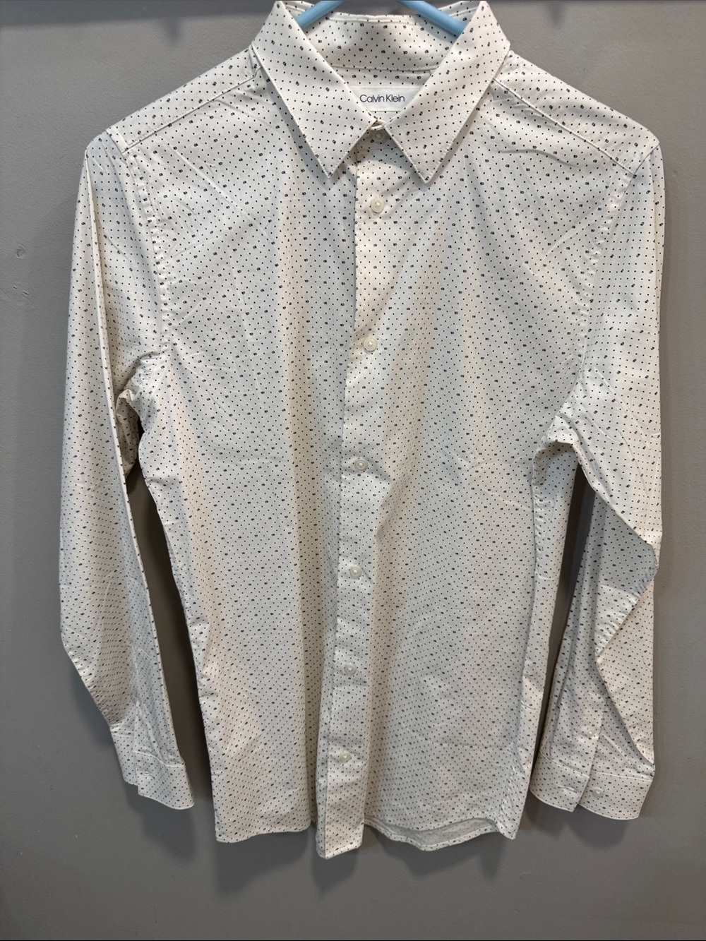 Boys Calvin Klein White Dress Shirt with Tiny Black Dot Pattern